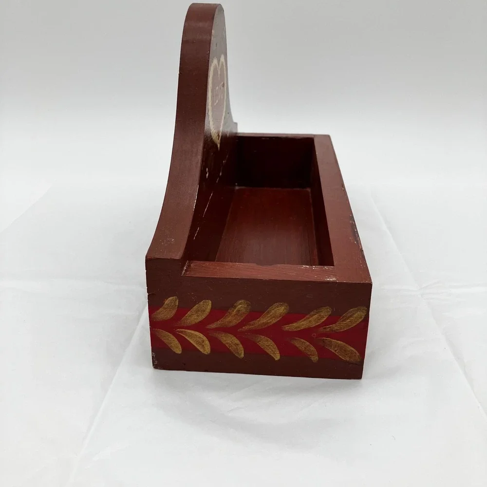 Wall Organizer Folk Art Wood Love Heart Burgundy Red Rustic Box